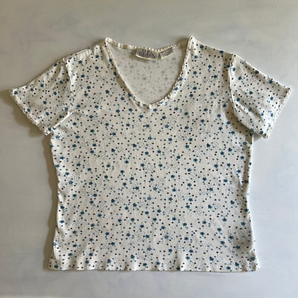 Basic Editions Ribbed White & Blue Flower Lace Trim Baby Tee